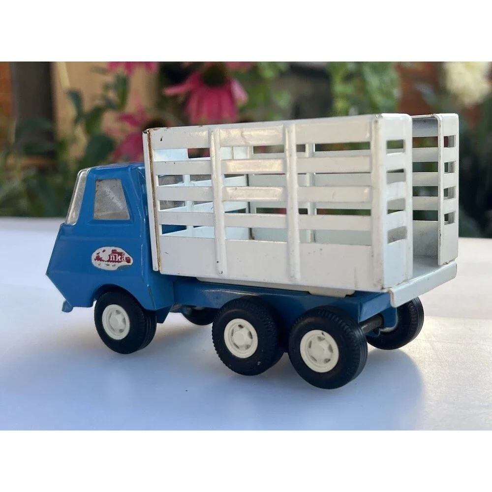 1968 Vintage Mini Tonka Farm Livestock Stake Truck Blue White Dump Bed 5” Toy